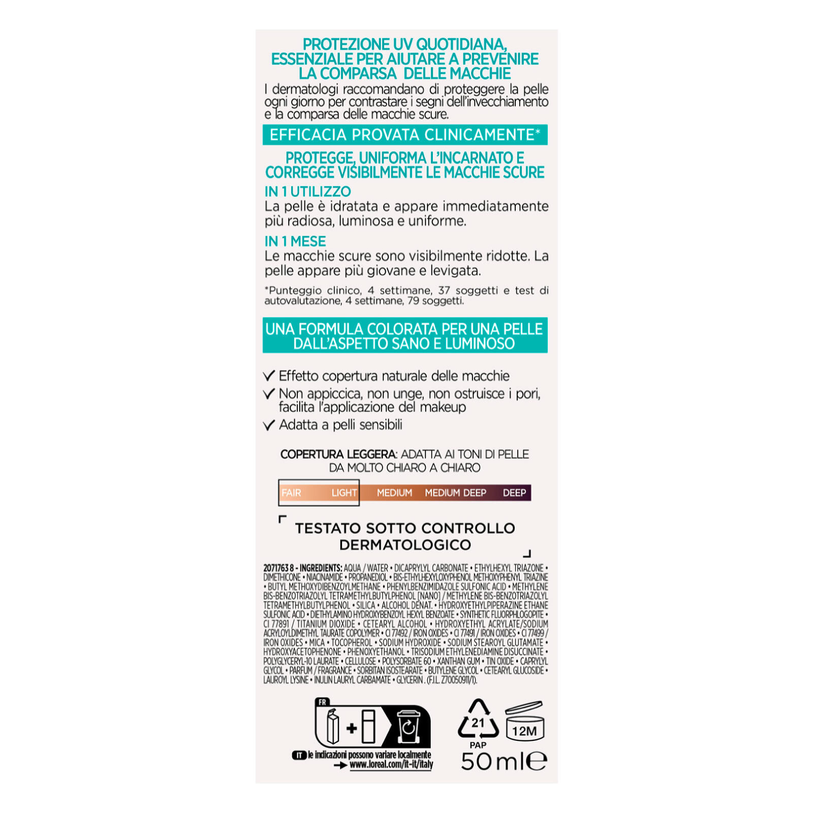 Illuminante Viso Chiaro Bright Reveal Fluido UV Colorato SPF 50 per Ridurre le Macchie e Uniformare l'Incarnato 50ml