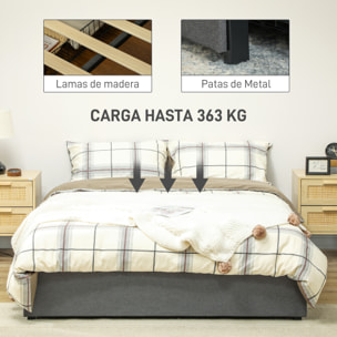 Cama Doble 140x190 cm Estructura de Cama Somier con 3 Cajones y Estructura de Metal Carga 363 kg Gris