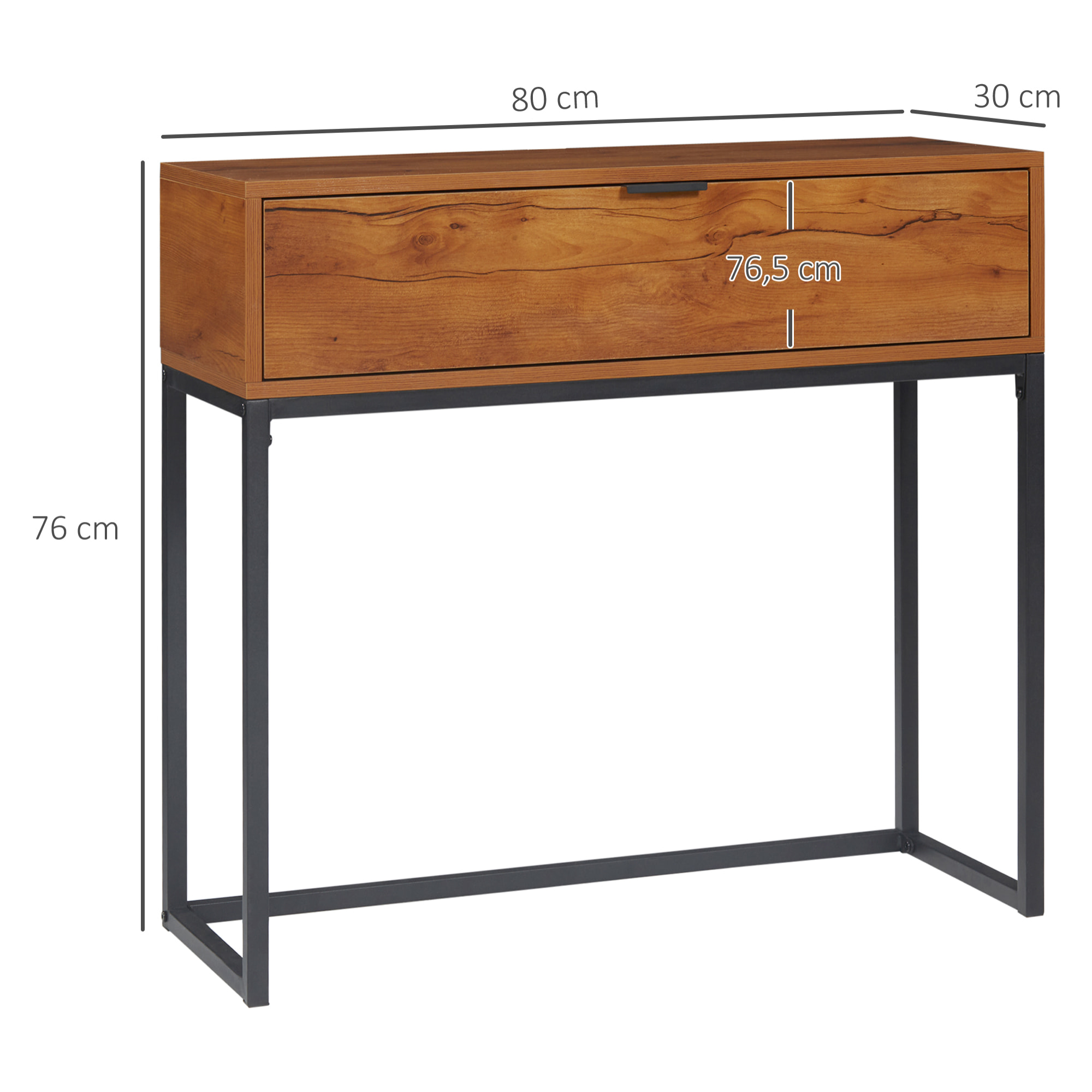 Console design - grand tiroir - dim. 80 x 30 x 76 cm - acier noir effet bois noyer