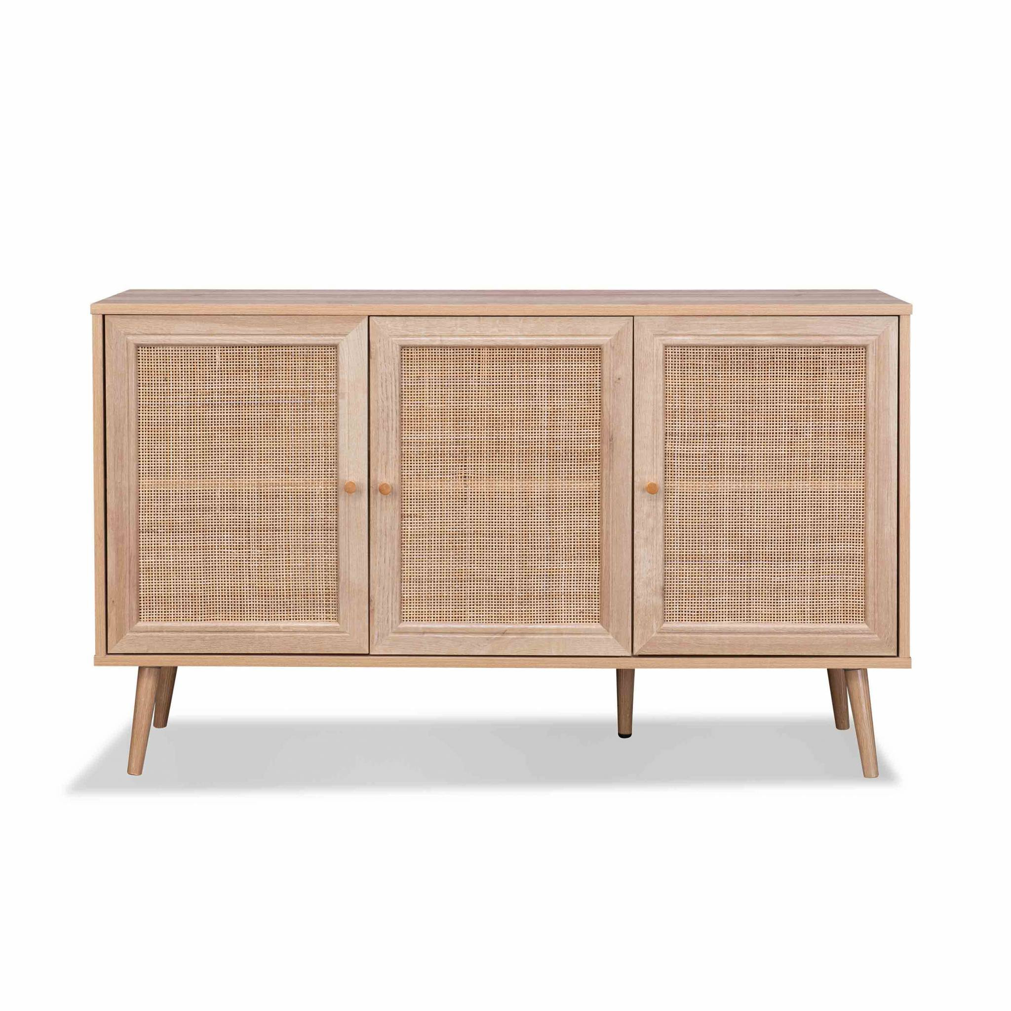 Buffet de rangement en cannage 120x39x70cm  - Bohème - 2 niveaux. 3 portes. pieds scandinaves. buffet bas