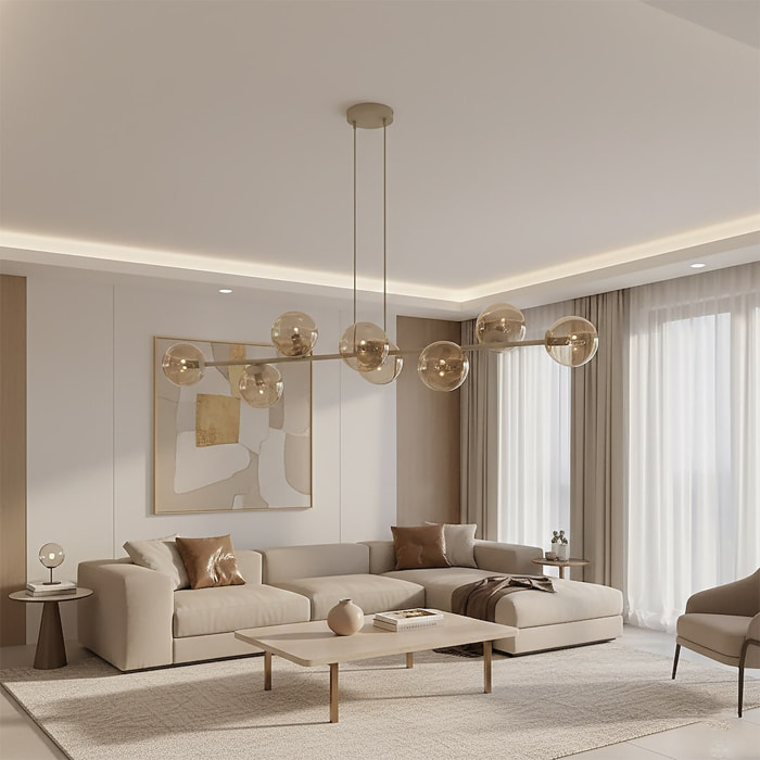 Lampada a sospensione Magnus in acciaio beige e vetro ambrato
