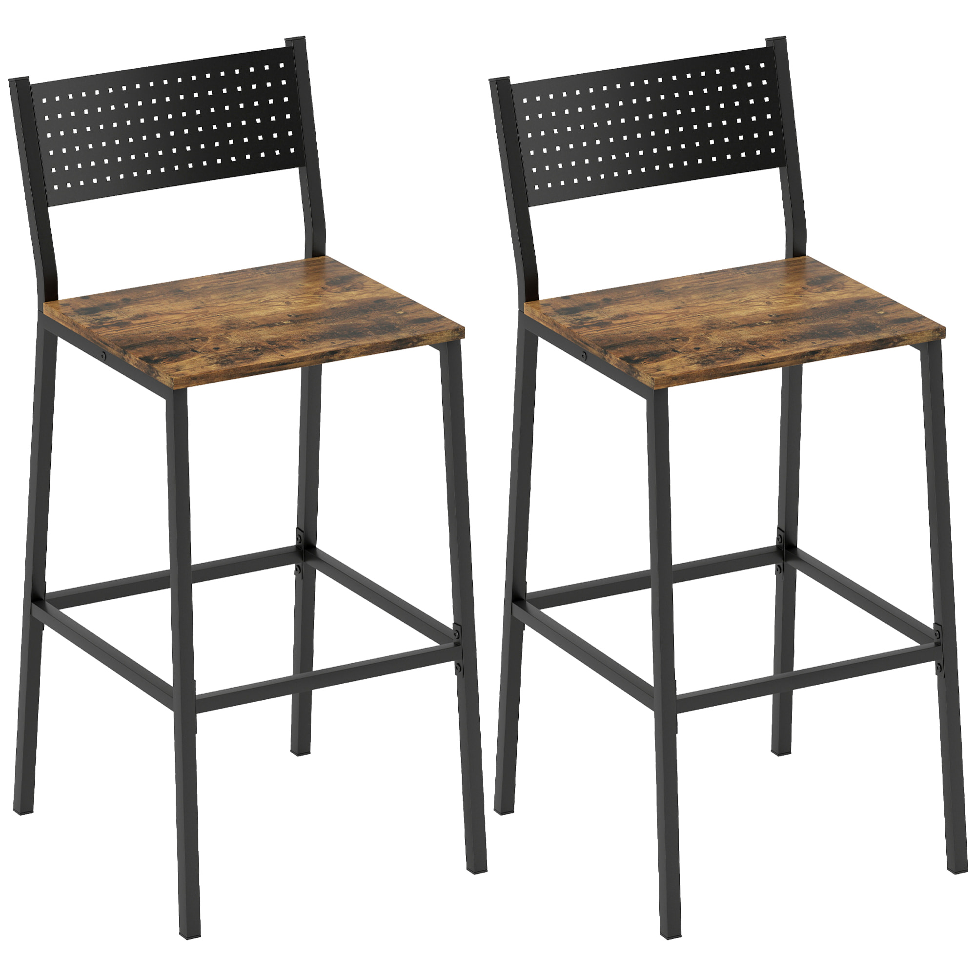 Lot de 2 tabourets de bar style industriel métal noir effet bois vieilli
