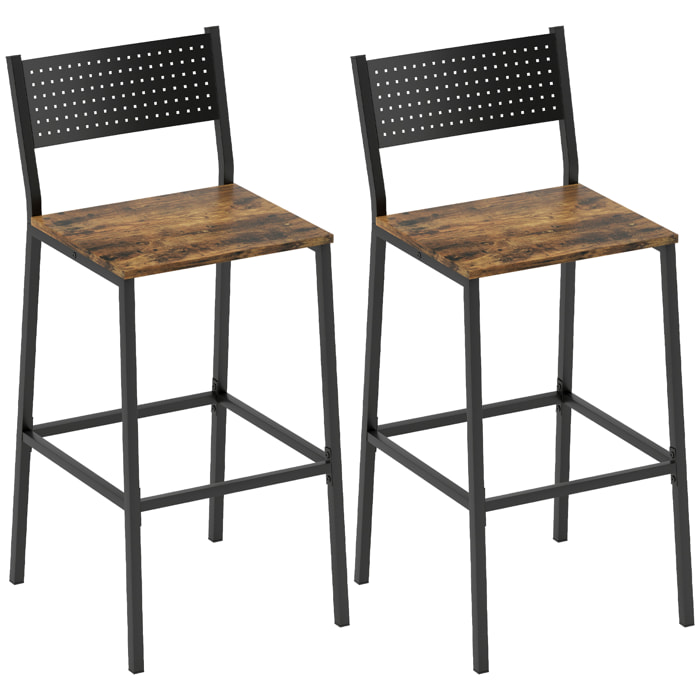 Lot de 2 tabourets de bar style industriel métal noir effet bois vieilli