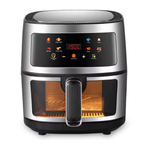 Friggitrice ad aria 8L, 1400W con finestra di visualizzazione. Pannello touch, programmi di cottura e modalità manuali, riscaldamento 3D, griglia antiaderente. Struttura in acciaio inossidabile. IMBALLAGGIO DANNEGGIATO.