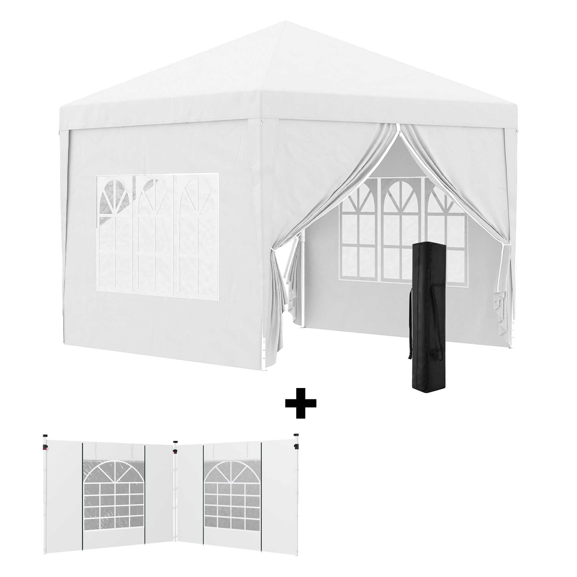 Conjunto de Carpa Incluye 1 Carpa Plegable 3x3 m Impermeable con 4 Paredes Desmontables y 2 Paredes Laterales 3x2 m para Carpa 3x3 m o 3x6 m Blanco