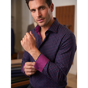 Camicia Uomo 1 Bottone Francese Slim Popeline Stampato melanzana e bordeaux