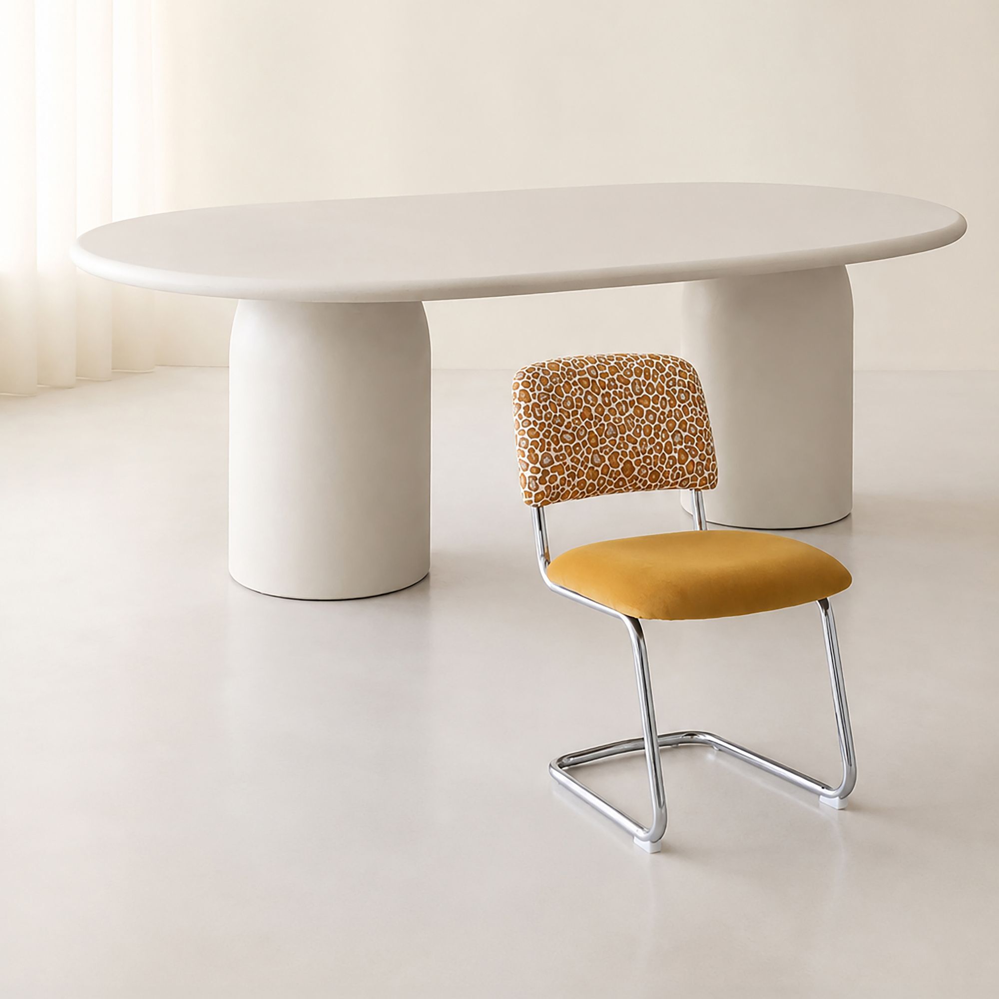 Ensemble table ovale 220cm et 6 chaises en tissu léopard safran FELINE