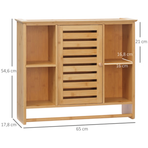 kleankin Armario de Pared de Bambú Mueble Colgante de Baño con Puerta Magnético 4 Compartimientos de Almacenaje y Barra para Colgar para Cocina Dormitorio Ducha 65x17,8x54,6 cm Natural