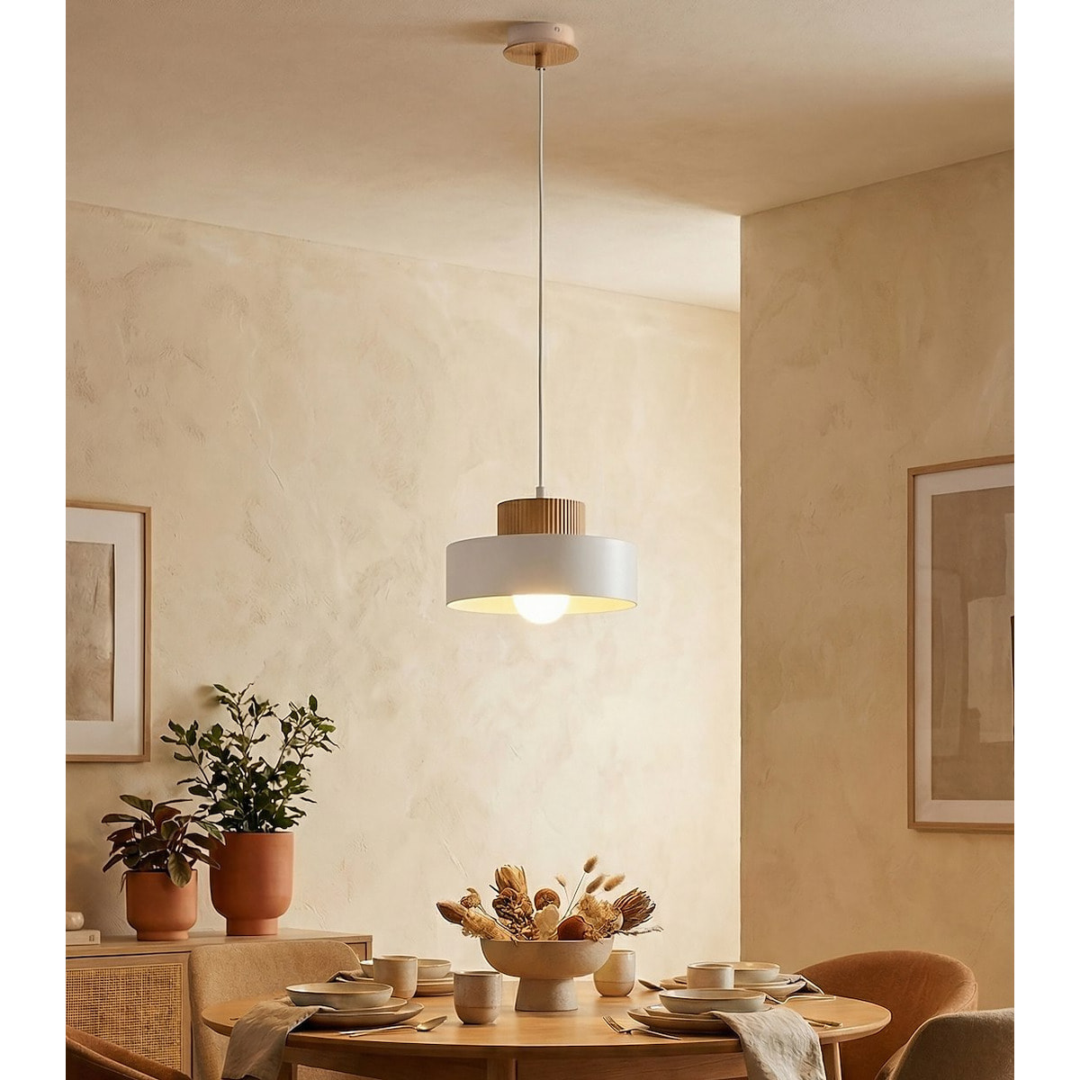 Lampada a sospensione KIVI in acciaio bianco e legno