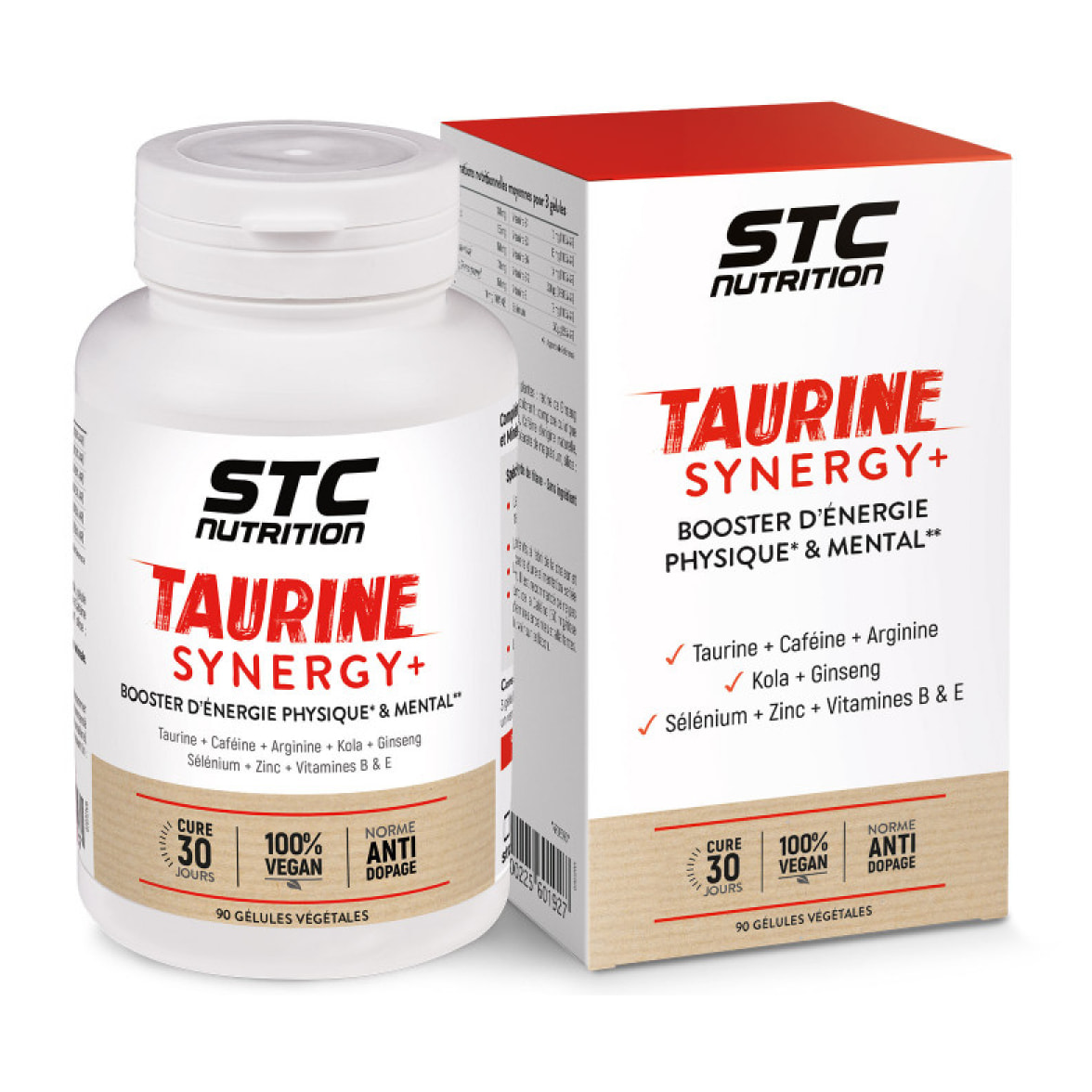 Taurine Synergy + - Booster d'énergie physique et intellectuel - vegan - sans gluten -anti-dopage - cure de 30 j - 90 gélules végétales