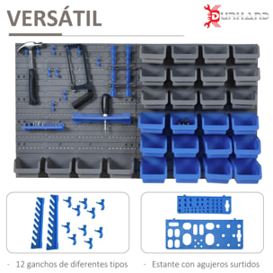 Organizador de Herramientas de Pared de 44 Piezas 95x54 cm Estantería de Pared para Herramientas con 28 Cajas Apilables y Diferentes Ganchos Gris y Azul