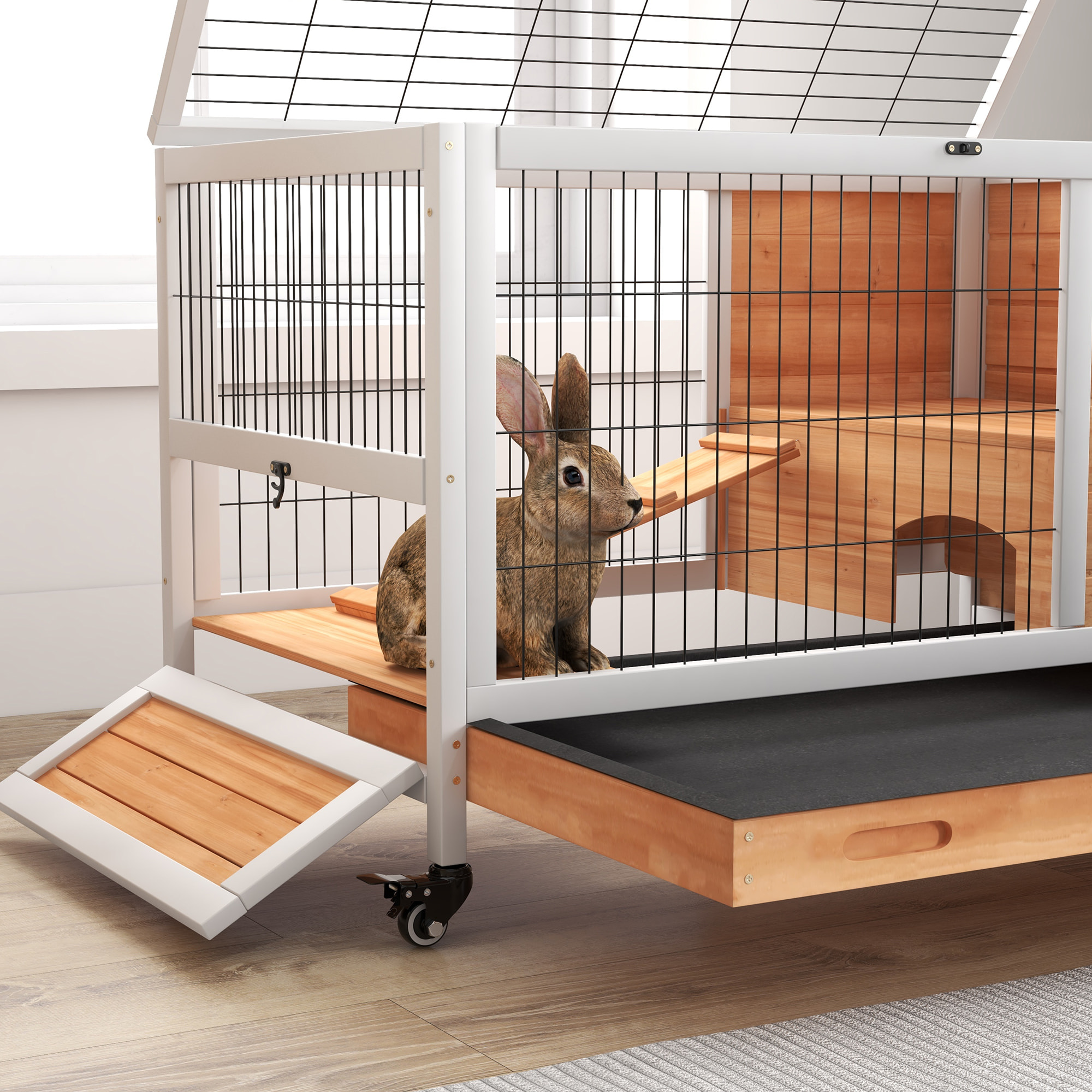 Jaula para Conejos de Madera Conejera para Mascotas Pequeñas Portátil Interior con Techo Abrible Rampa Bandeja Extraíble para Conejillos de Indias 90x53x59 cm Natural y Blanco