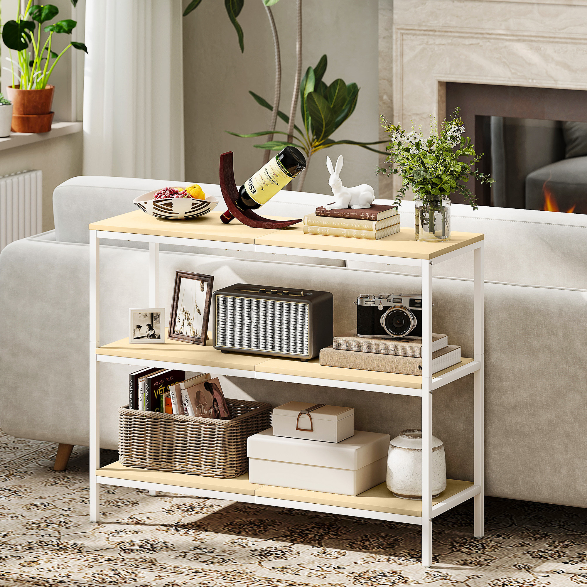 Mesa de Consola Estrecha Consola de Recibidor Mesa de Recibidor Moderna con 3 Estantes Abiertos y Patas de Metal para Pasillo Entrada Salón Dormitorio Natural y Blanco