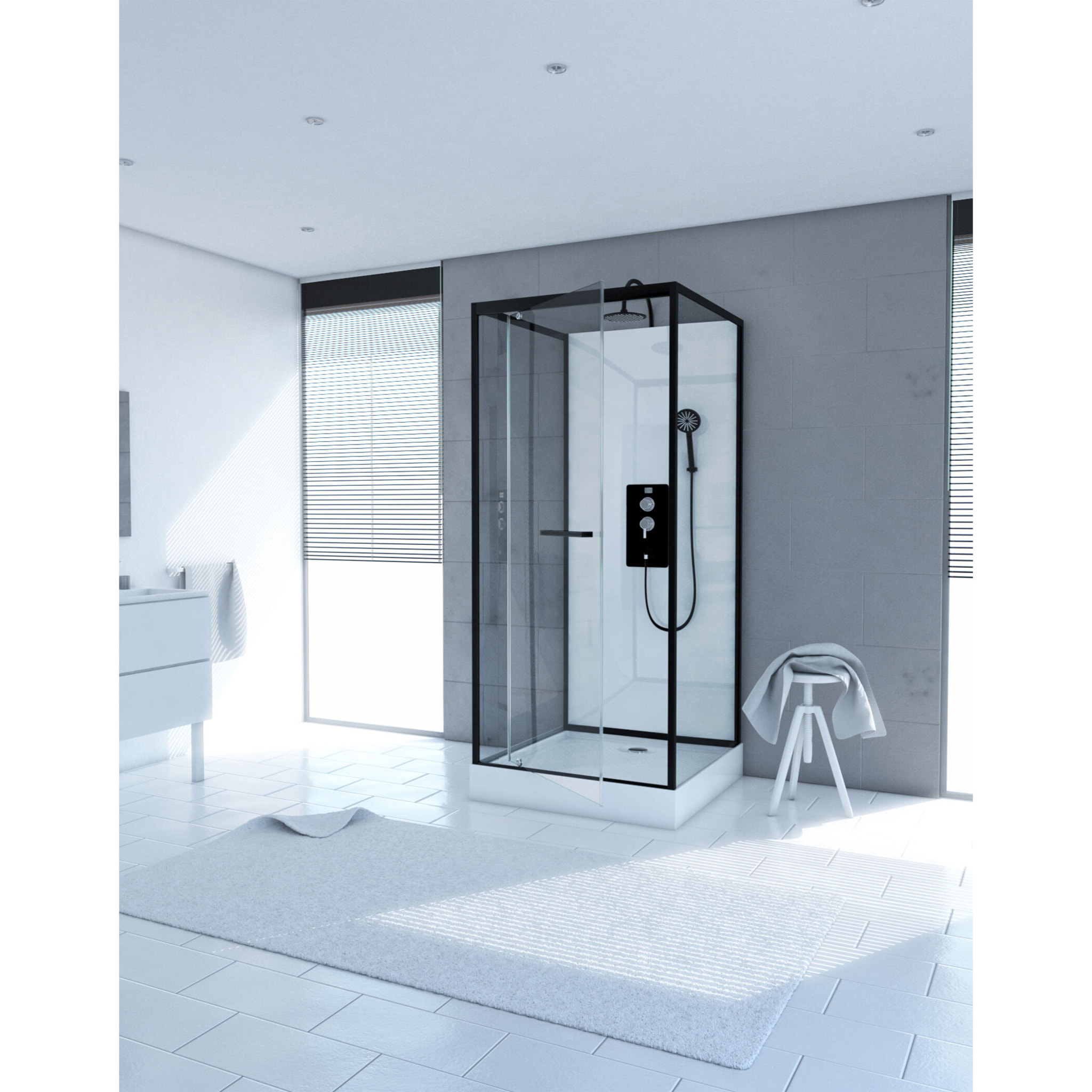 Cabine de douche carrée 80x80x230cm - extra blanc et profilé noir mat - LUNAR SQUARE 80