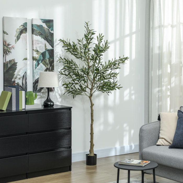 Olivier artificiel H.180 cm - grand réalisme - 900 feuilles en soie, 40 olives - mousse effet lichen pot inclus