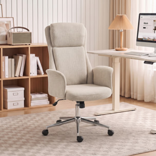 HOMCOM Silla de Escritorio Giratoria Tapizada en Chenilla, Silla de Oficina con Respaldo Alto, Función de Balanceo, Altura Ajustable, Reposabrazos Acolchados y Ruedas de PU, Beige