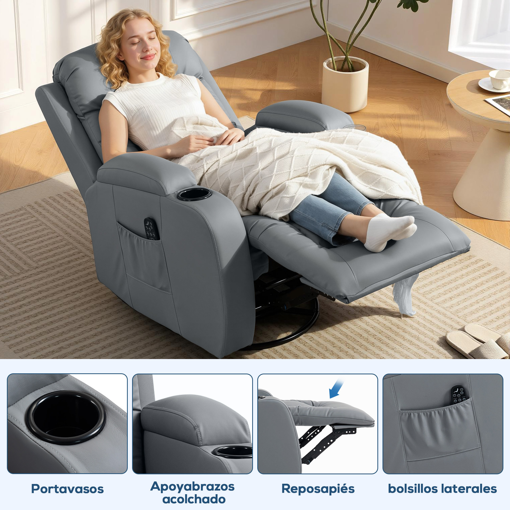 Sillón de Masaje Giratorio, Sillón Relax Reclinable con 8 Puntos de Masaje, Función Calefacción Lumbar, Mando a Distancia, Tapizado en PU, Reposapiés, Bolsillo Lateral, Función Basculante Gris