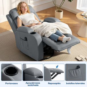 Sillón de Masaje Giratorio, Sillón Relax Reclinable con 8 Puntos de Masaje, Función Calefacción Lumbar, Mando a Distancia, Tapizado en PU, Reposapiés, Bolsillo Lateral, Función Basculante Gris