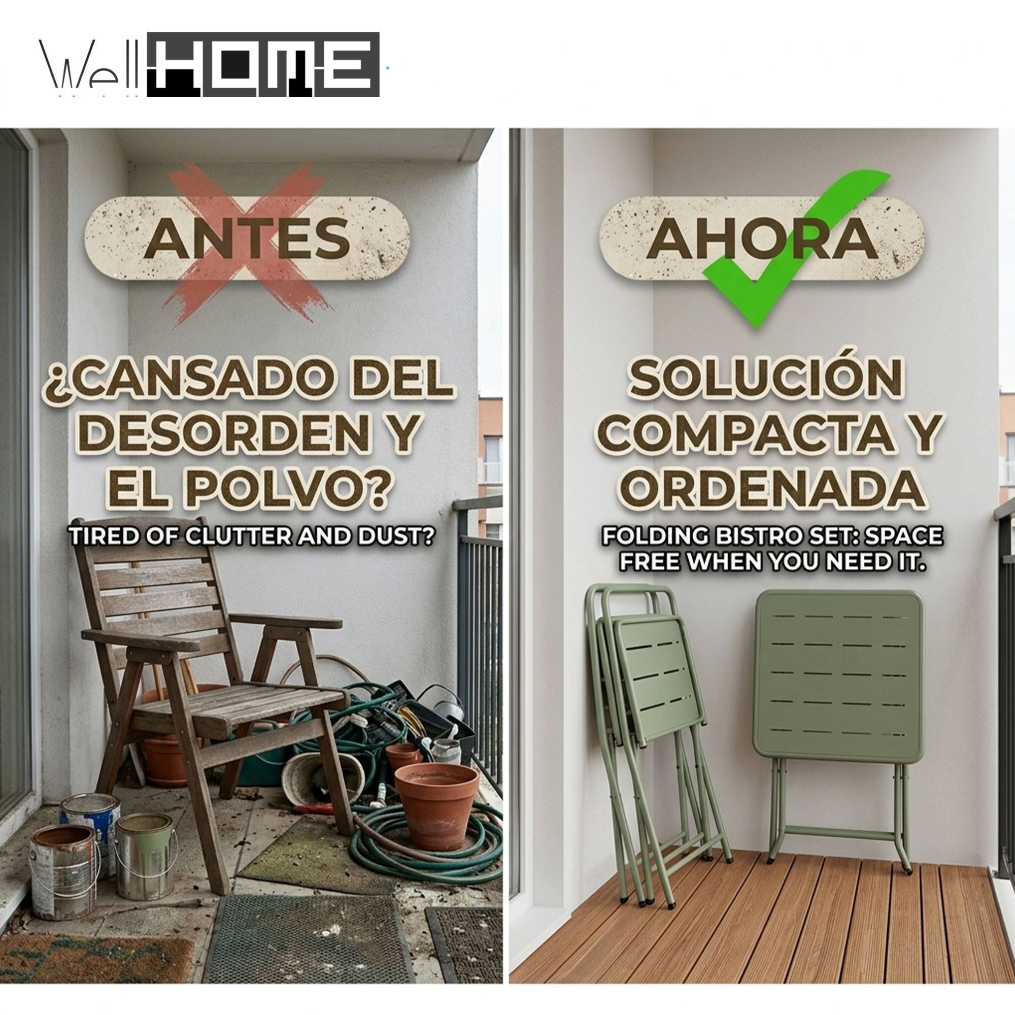 Set bistro 3pzs acero verde mate (mesa 60x60cm + 2 sillas plegables) estructura con recubrimiento en polvo-conjunto jardín, terraza y balcón