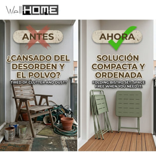 Set bistro 3pzs acero verde mate (mesa 60x60cm + 2 sillas plegables) estructura con recubrimiento en polvo-conjunto jardín, terraza y balcón