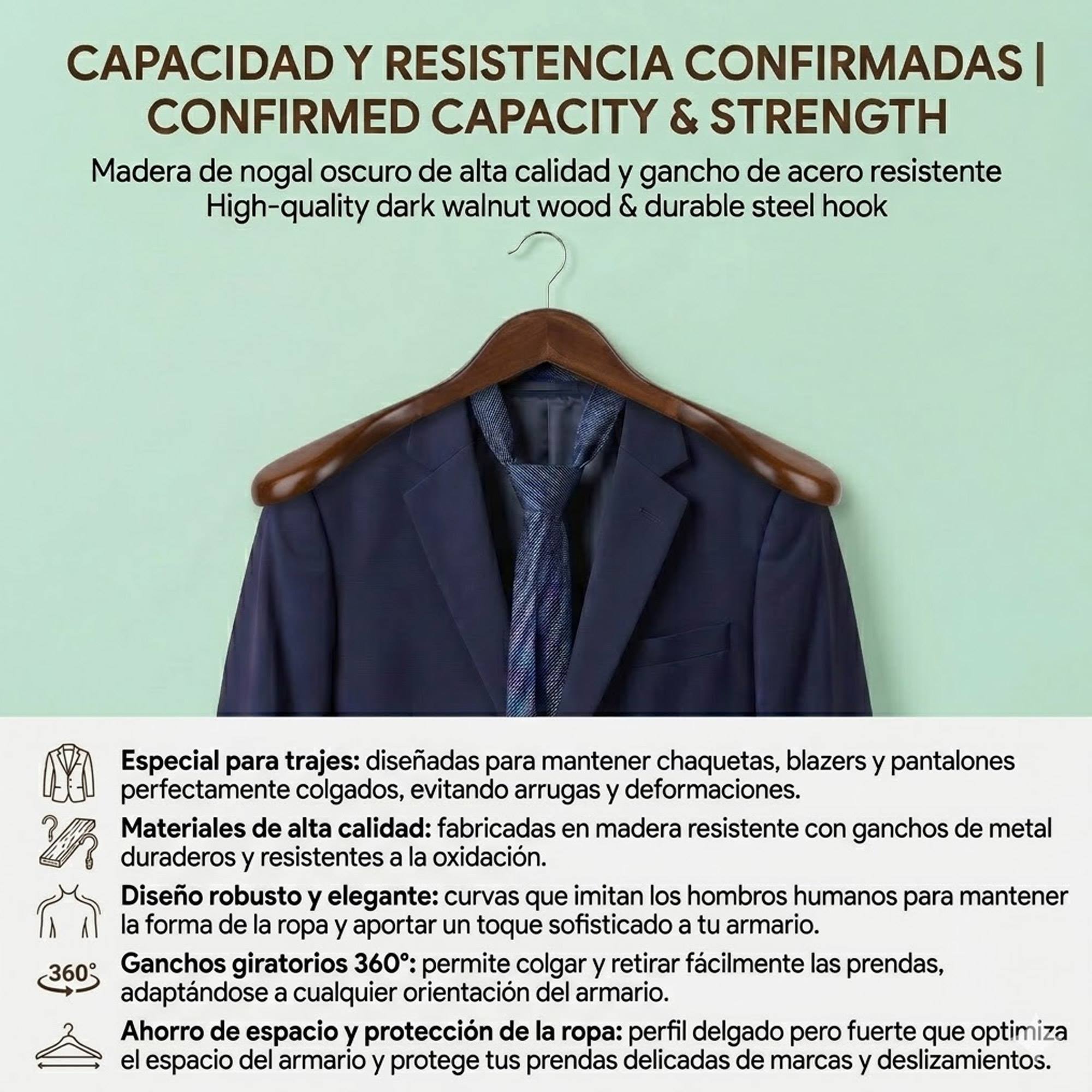 Set de perchas de madera para trajes - Antideslizante - Robusta con metal duradero - Ganchos giratorios