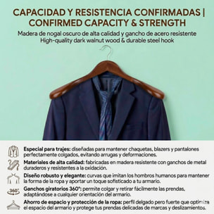 Set de perchas de madera para trajes - Antideslizante - Robusta con metal duradero - Ganchos giratorios
