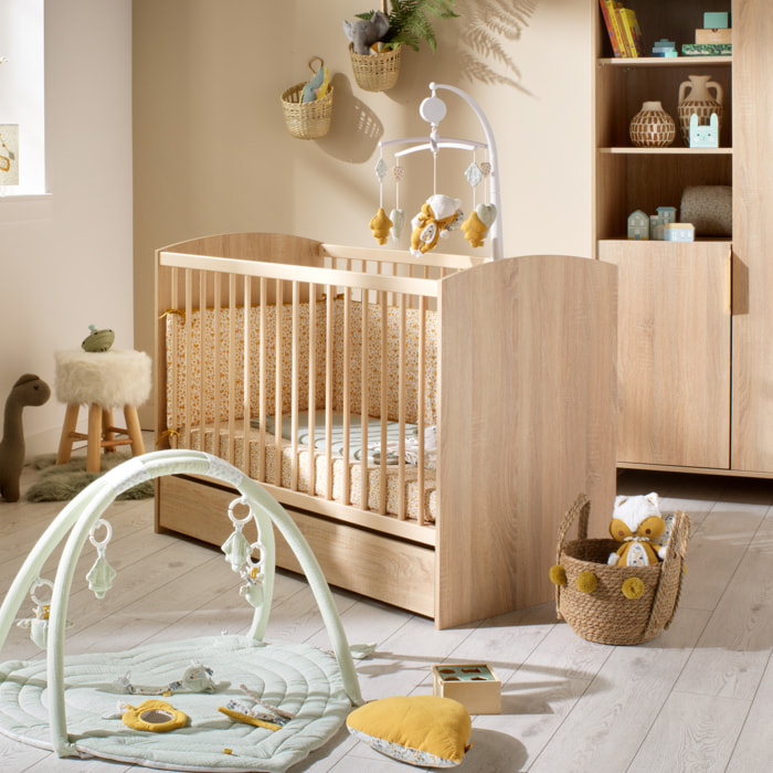 Lit bébé 120 x 60 avec têtes de lit arrondies en bois décor chêne doré