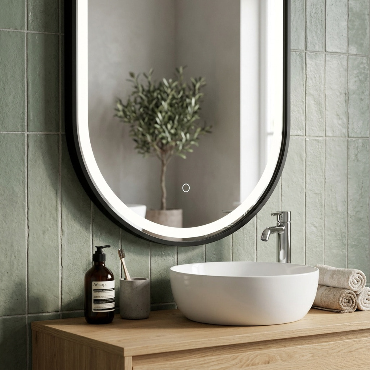 Miroir LED ovale 40 x 80 cm avec cadre aluminium noir et capteur tactile SAT (SATZOVLED4080CE)