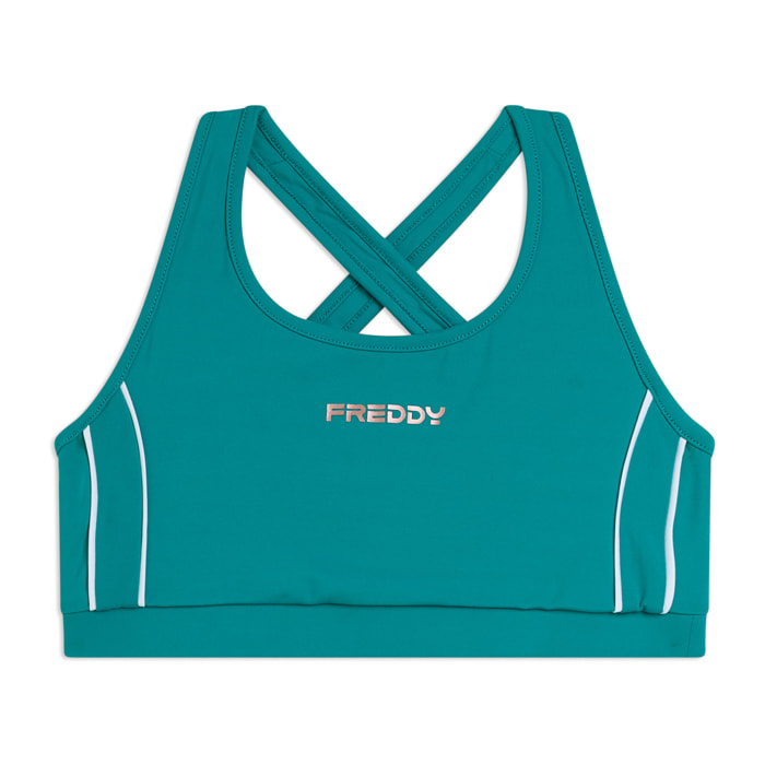 Top medio supporto in jersey tecnico con spalline incrociate