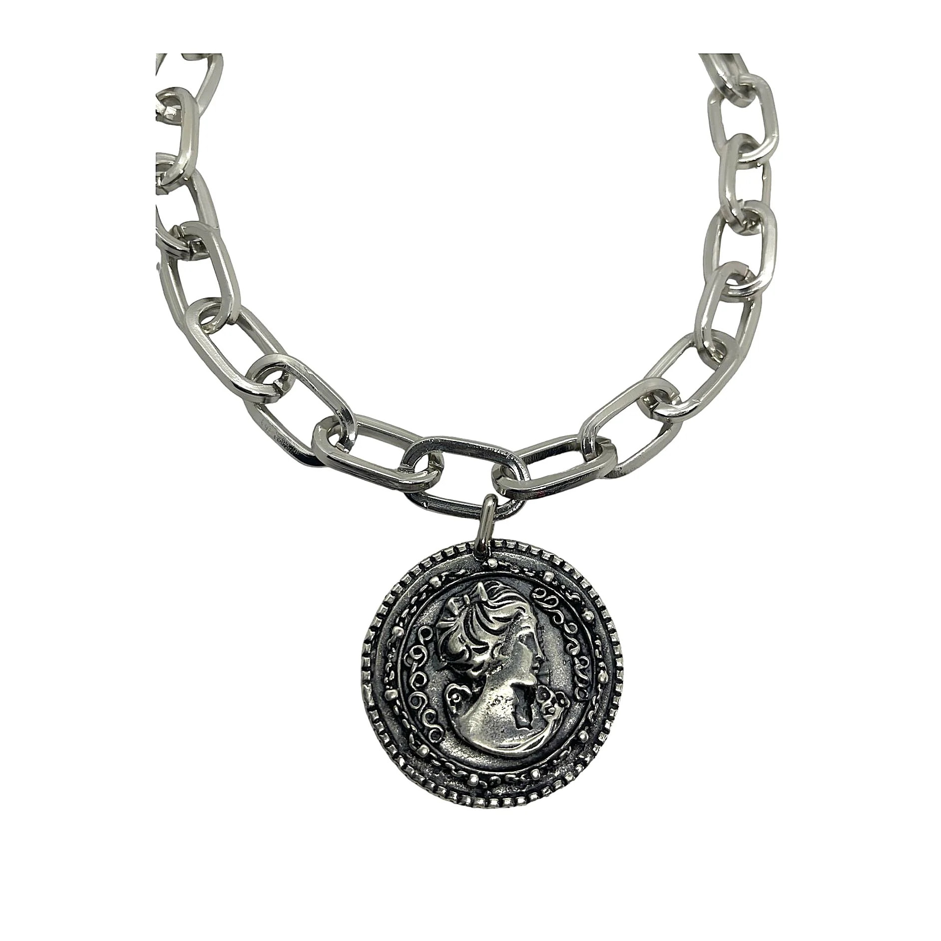 Collar Andro en cadena rectangular plata y moneda tipo antigua