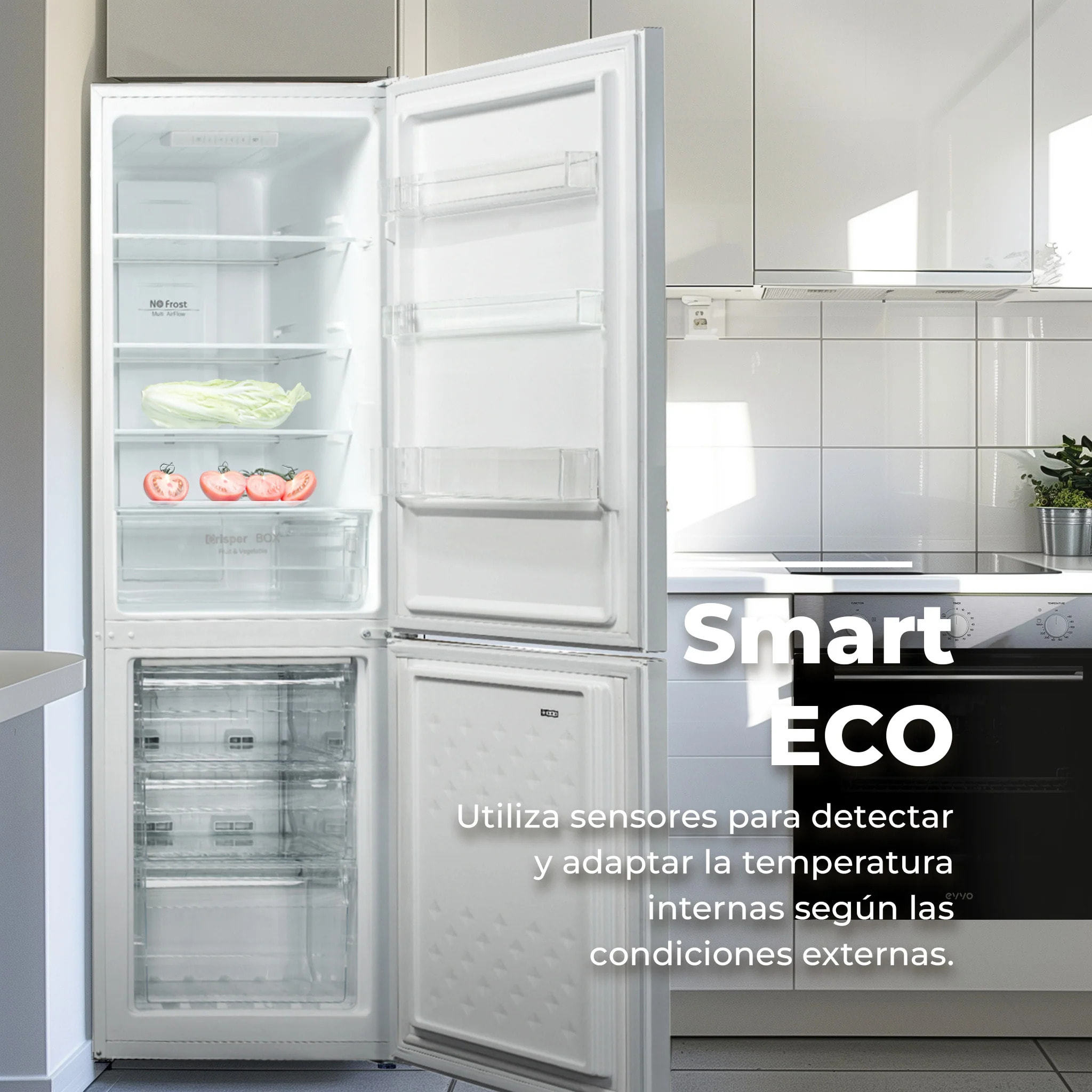 EVVO Frigorífico combi F52 180 cm blanco, No Frost, inverter, Multi Air Flow, LED, Smart ECO, Fast Cooling, eficiencia E.