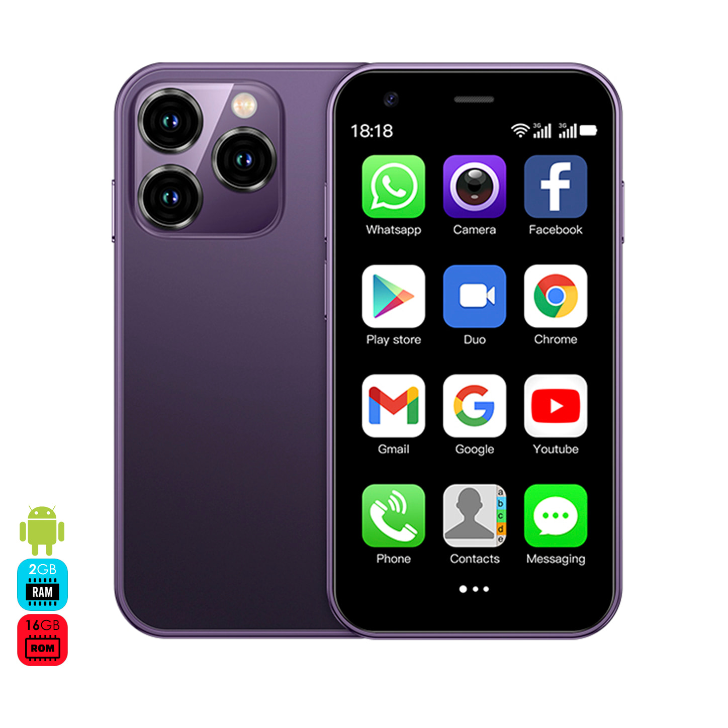 Mini smartphone XS15 3G, Android 8.1, 2 GB RAM + 16 GB. Schermo da 3''. Doppia scheda SIM.