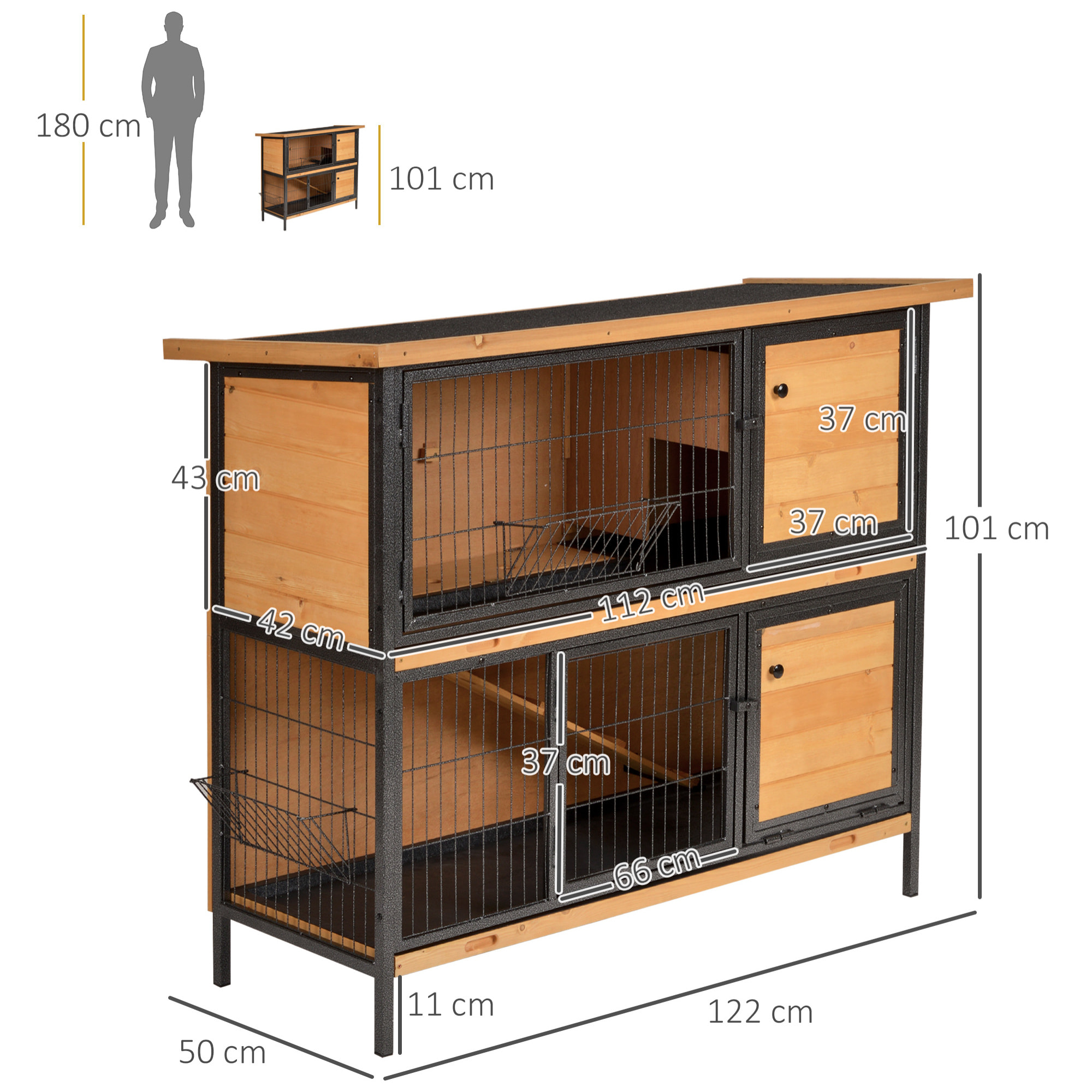 Conejera de Madera de 2 Niveles Jaula para Conejos con Techo Asfáltico Abatible Puertas con Pestillo Bandejas Extraíbles y Rampa Conejera para Exterior 122x50x101 cm Natural y Negro