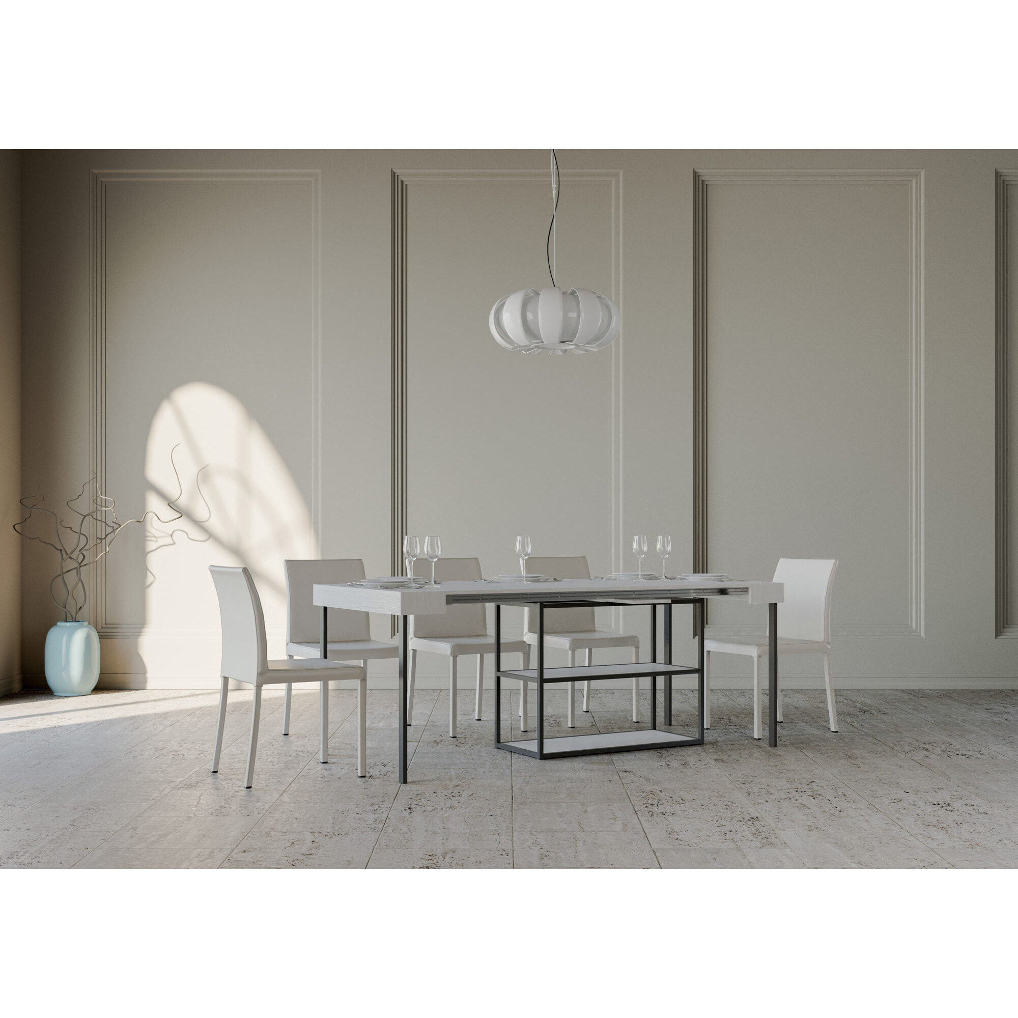 Console extensible 90x40/300 cm Capital Frêne Blanc cadre Anthracite.