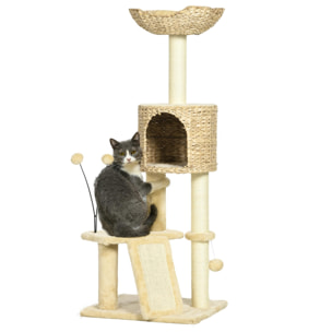 Árbol Rascador para Gatos de 116 cm Torre para Gatos Interior con Postes para Rascar Cama Cueva de Espadañas Rampa y Bolas 45x40x116 cm Beige