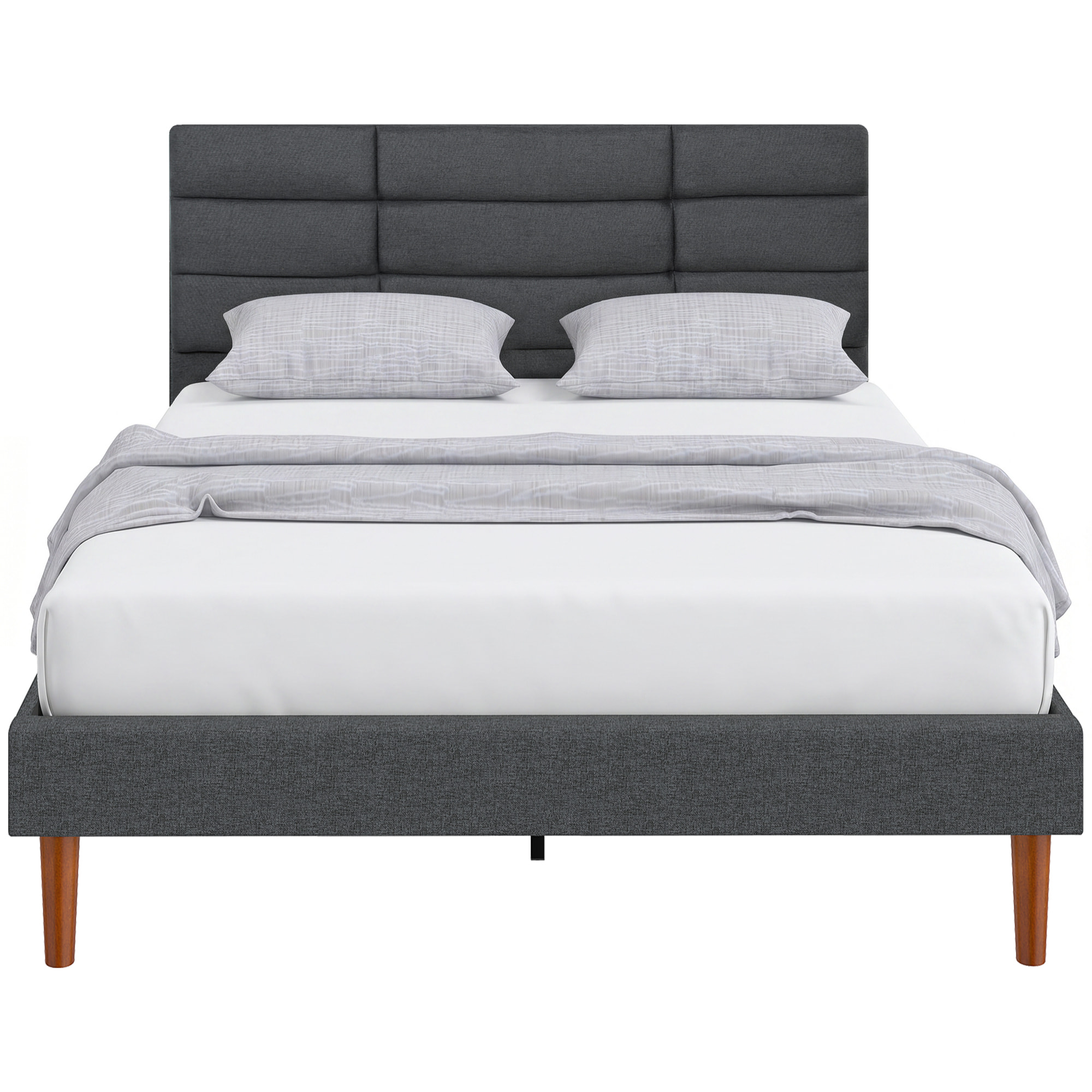 HOMCOM Cama Tapizada 140x200 cm con Cabecero Acolchado de Rejilla y Almacenaje Inferior, Marco de Cama Doble con Láminas de Madera, Diseño Moderno, Fácil Montaje, Gris