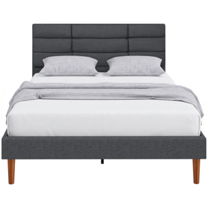 HOMCOM Cama Tapizada 140x200 cm con Cabecero Acolchado de Rejilla y Almacenaje Inferior, Marco de Cama Doble con Láminas de Madera, Diseño Moderno, Fácil Montaje, Gris