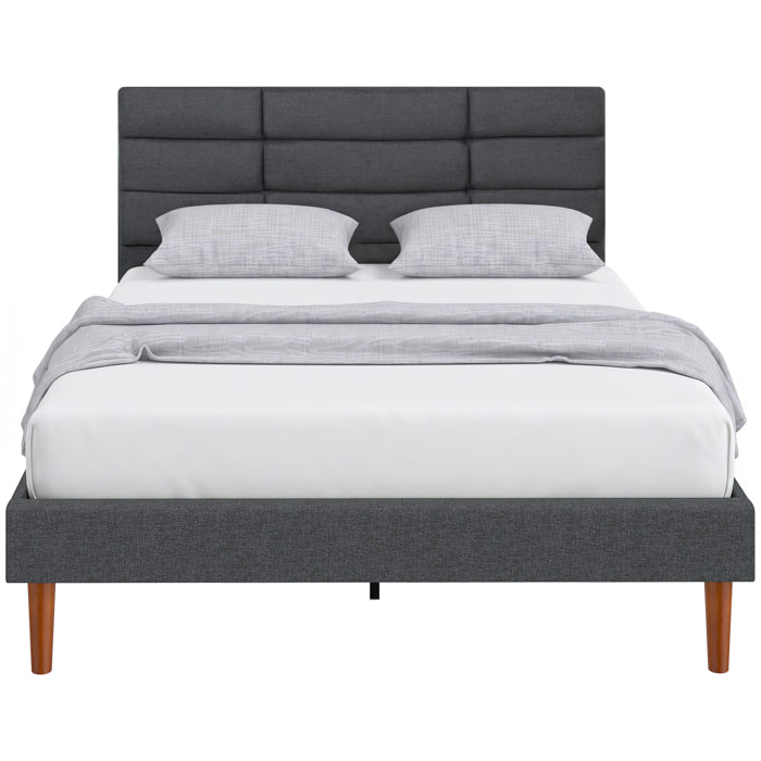 HOMCOM Cama Tapizada 140x200 cm con Cabecero Acolchado de Rejilla y Almacenaje Inferior, Marco de Cama Doble con Láminas de Madera, Diseño Moderno, Fácil Montaje, Gris