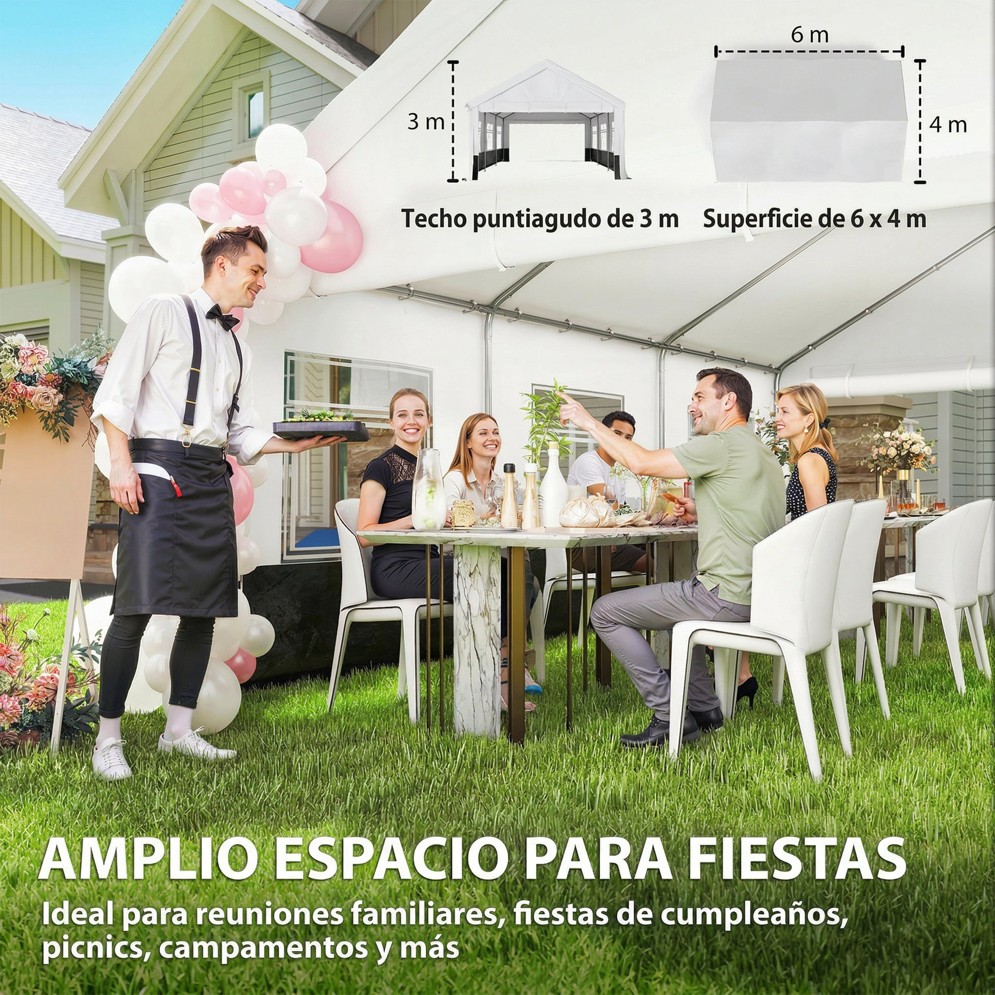 Carpa para Fiesta 4x6 m, Carpa de Jardín con Estructura Acero Galvanizado, Laterales Extraíbles, 2 Puertas con Cremallera, 6 Ventanas, UPF30+, Cenador Gazabo para Boda, Eventos, Gris y Blanco
