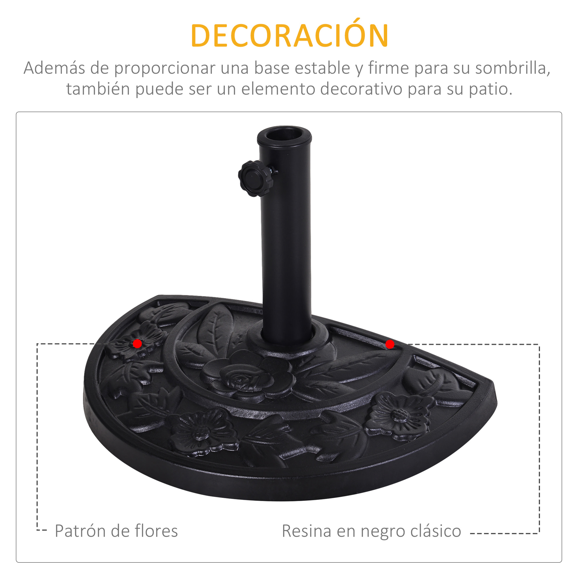 Base de Sombrilla Semicírculo Peso 9 kg Soporte para Parasol de Resina para Poste de Paraguas de Ø3,8 cm y Ø4,8 cm para Terraza Patio Jardín Playa 50x31x32 cm Negro
