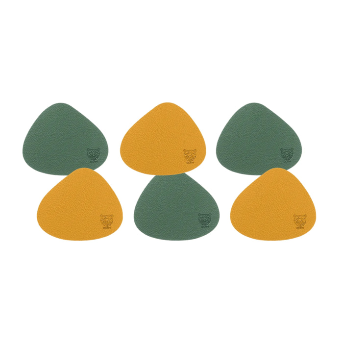 Sous-verre curve réversible - 6 pièces - Cuir recyclé jaune moutarde et vert sapin