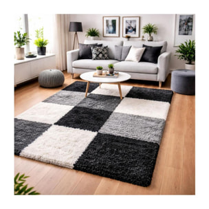Tapis poils longs shaggy tissé motif damier JOJU