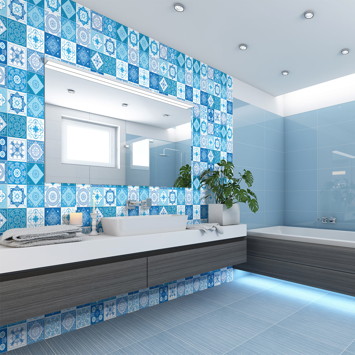 Stickers muraux - Sticker Mural Carrelage adhésif Cuisine Salle de Bain - 60 STICKERS CARREAUX DE CIMENT AZULEJOS ASFODELO