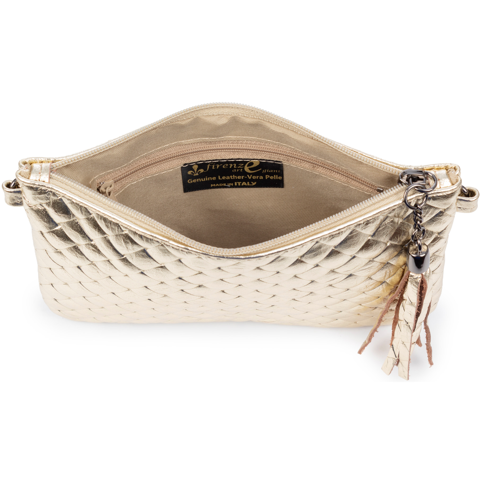 Oleggio bolso bandolera mujer. Piel auténtica Gamuza con grabado entrelazado y lacada brillante.