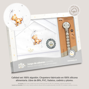 Triptico Cuna Estampado Oso Luna Estrellas + Broche Bco/Gris