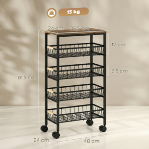 Carrito Auxiliar con Ruedas, Carrito de Cocina con 4 Cestas Extraíbles, Carga 15 kg, Marco Metálico, Tiradores de Madera, para Comedor, Sala de Estar, Baño, 40x24x81,5 cm, Marrón Rústico