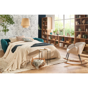 Canapé convertible scandinave 3 places en tissu bleu paon et bois clair avec matelas 10 cm CREEP