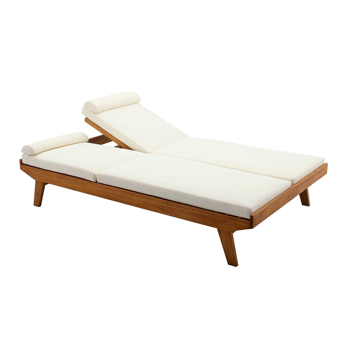 Bain de soleil double avec dossiers multipositions beige et bois massif L127 cm CARACAS