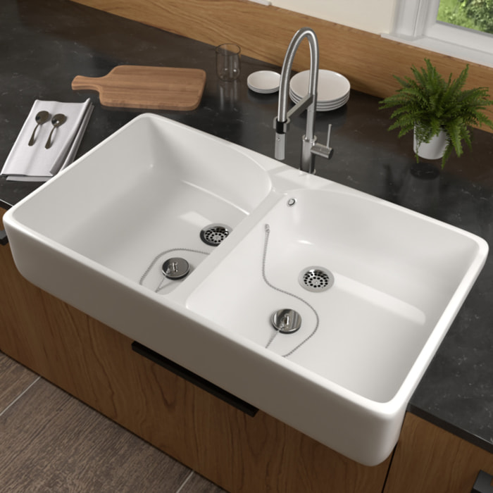 Evier 2 bacs blanc O Novo 22 x 79,5 x 51 cm avec trop-plein