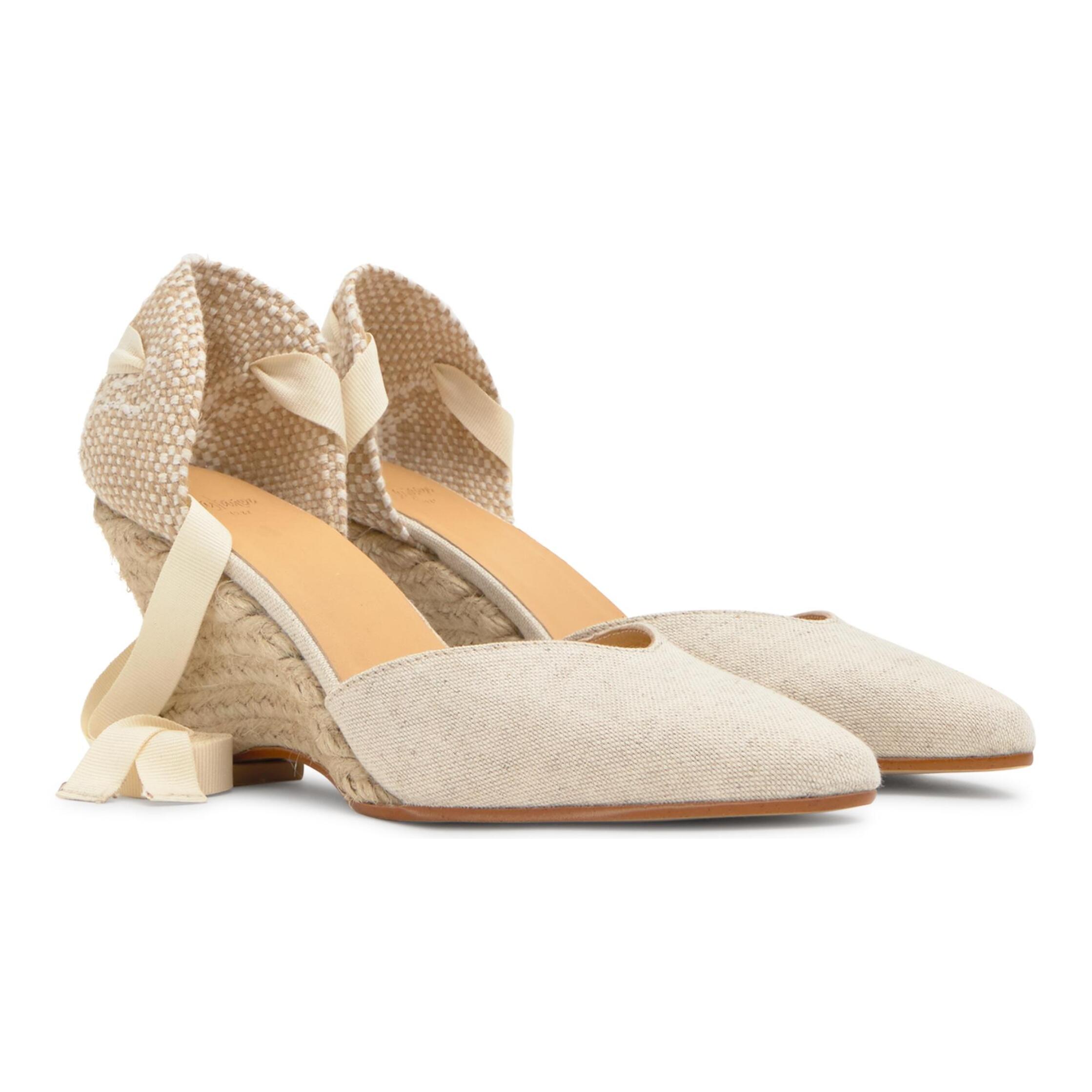 Alpargata Jud cuña de yute geométrica en lino con lazo, escote en V y punta afilada